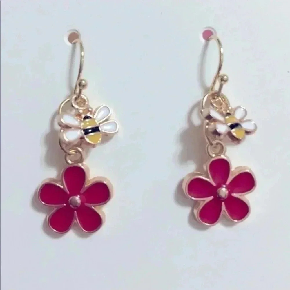 Red Bee & Flower Enamel Gold Drop Earrings NWT